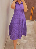 Purple Sleeveless Hollow Out Small Flower Shirt Dress