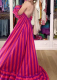 Pink Vertical Striped Square Neck Backless Loose Long Dress