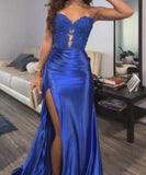 Blue Glitter Strapless Slit Long Dress