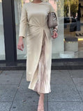 Beige Pleated Elegant Dress