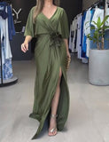 Silk Dress With Slit In Solid Green