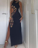 Black Leopard Print Slit Dress