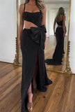 Black Halter Waistless Bow Slit Dress