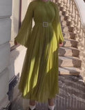 Pure Color Belt Pleated Irregular Dress