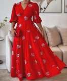 Red Bubble Sleeve V-Neck Printed Long Dresses