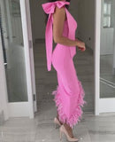 Pink One Shoulder Fur Slit Dress