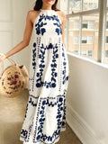 Blue Printed Sleeveless Maxi Dress