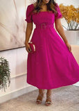 Solid Color Belted Glitter Short Sleeve Midi Dress