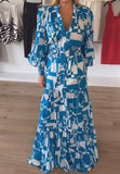 Blue And White Printed Bubble Sleeve Shirt Long Dress