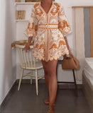 Orange Printed Elegant Short Dress