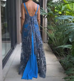 Blue Halter Backless Saree Dress