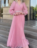 Pink Pleated Elegant Long Sleeve Dress