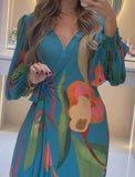 Blue Vivid Printed Bubble Sleeve Dress