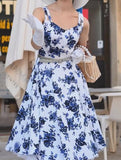 Blue Printed Sling White Dress