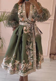 Green Printed Bubble Sleeve Elegant Dress