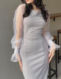 Gray Gauze Sleeve Slim Elegant Dress