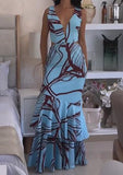 Blue Slim-Fit Printed Maxi Dress