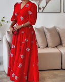 Red Bubble Sleeve V-Neck Printed Long Dresses