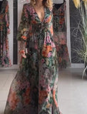 Dark Green Printed Elegant Long Dress