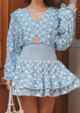 Blue And White Printed Long Sleeve Short Dress