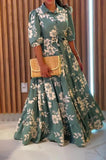 White Floral Print Green Elegant Long Dress