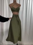 Green Silk Half Skirt Two Piece Set