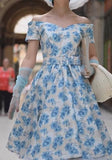 Blue floral strapless elegant dress