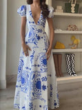 Blue Printed White V-Neck Long Dress