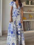 Blue Printed White V-Neck Long Dress