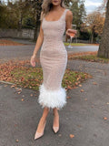 Scoop Neck Feather Stitching Sequin Hip Sexy Dress