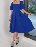 Blue Square Neck Elegant Midi Dress