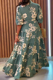 White Floral Print Green Elegant Long Dress