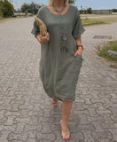 Solid Color Round Neck Linen Dress