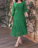 Green Seven Sleeve Square Neck Midi Dress