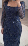 Blue Glitter Embroidery Slim Fit Dress