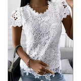 Women's Lace Short Sleeve Elegant Vintage Fashion Round Neck Shirt