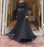 Black Pleated Belt Long Dress