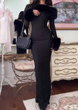 Elegant Slit Long Dress With Black Fur Collar