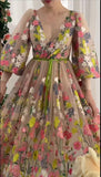 Colorful Floral Embroidered V-Neck Dress