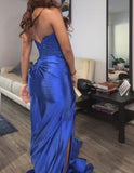 Blue Glitter Strapless Slit Long Dress