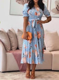 Blue Pleated Printed Midi Dress