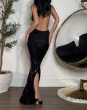 Black Shiny Backless Dress