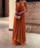 Orange Backless Long Pleated Dress