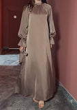 Coffee Silk Long-Sleeve Maxi Dress