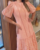 Pink Cutout Elegant Bubble Sleeve Dress