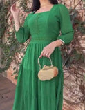 Green Seven Sleeve Square Neck Midi Dress