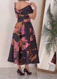 Black Powder Print One Neck Elegant Dress