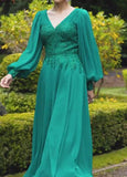 Green V-Neck Embroidered Dress