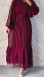 Multicolor Pleated Long Sleeve Chiffon Dress