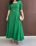 Pure Green Elegant Belted Dress